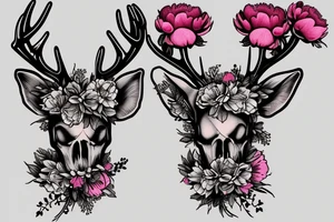 Deer skull with peony bouquet on the top of its antlers. tattoo idea