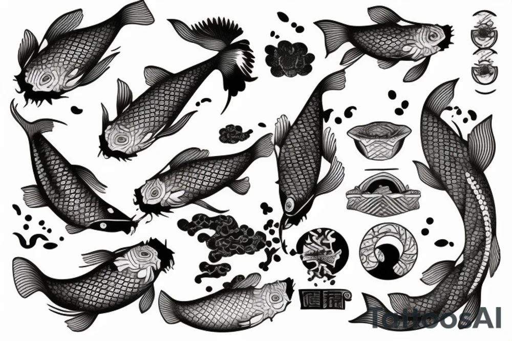 Koi fish with other Japanese art and graphic style tattoo idea