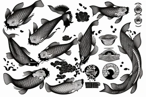 Koi fish with other Japanese art and graphic style tattoo idea