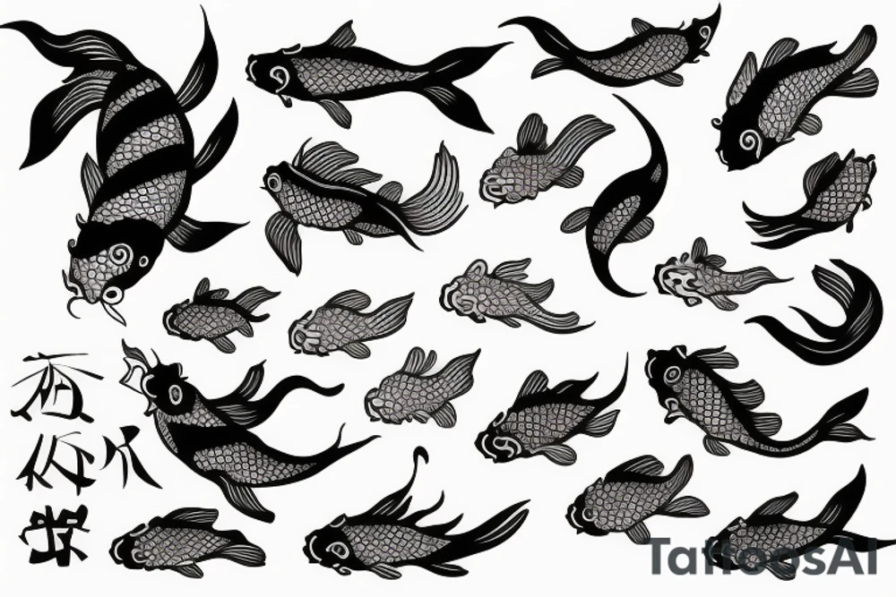 Koi fish with other Japanese art and graphic style tattoo idea