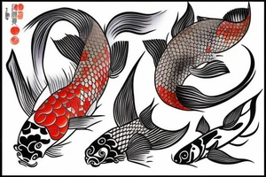 Koi fish with other Japanese art and graphic style tattoo idea