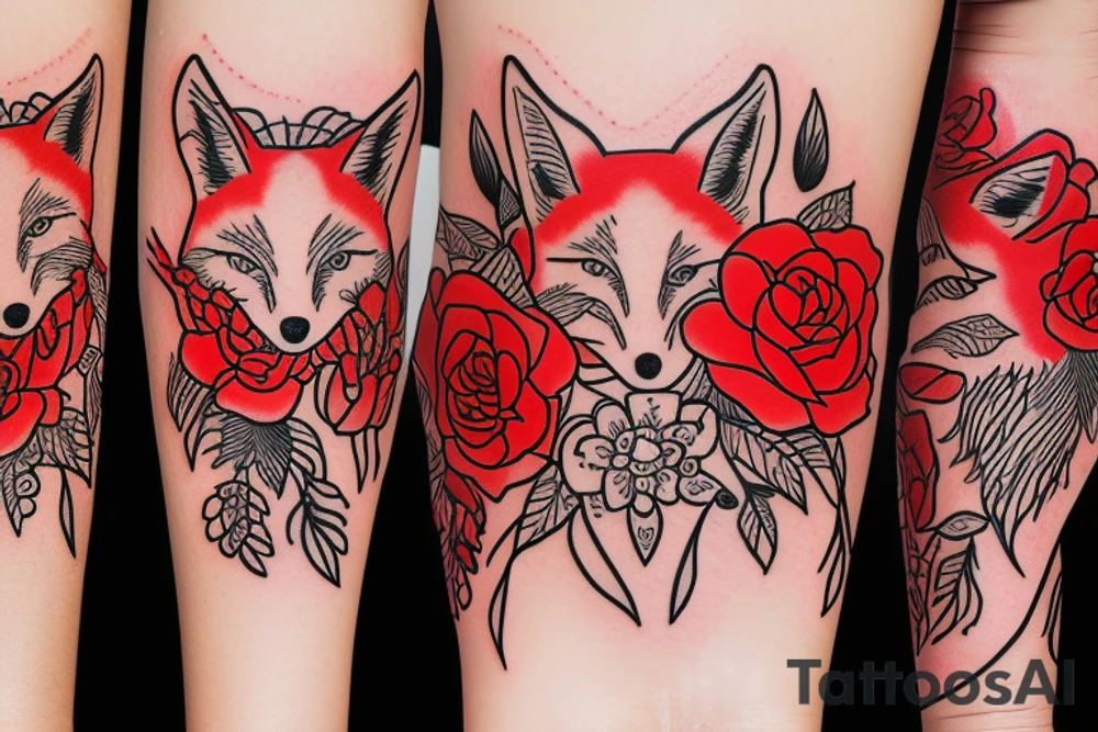 Fox and red flowers around tattoo idea