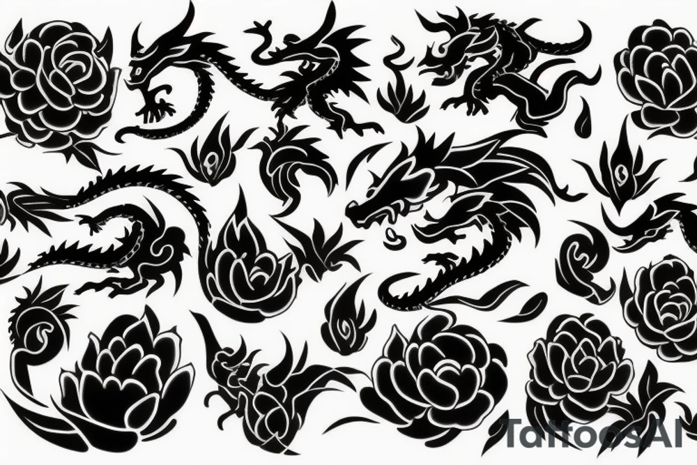 Black flowers, dragon color tattoo idea