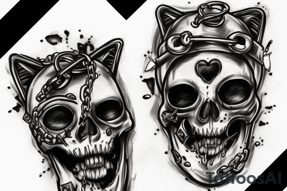 Cats scull with motorcycle chain collar, dice in empty eye sockets tattoo idea