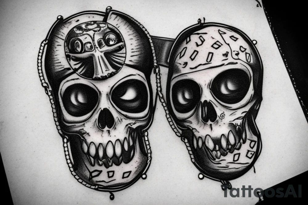Cats scull with motorcycle chain collar, dice in empty eye sockets tattoo idea