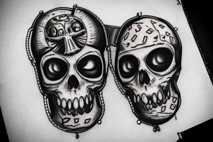 Cats scull with motorcycle chain collar, dice in empty eye sockets tattoo idea