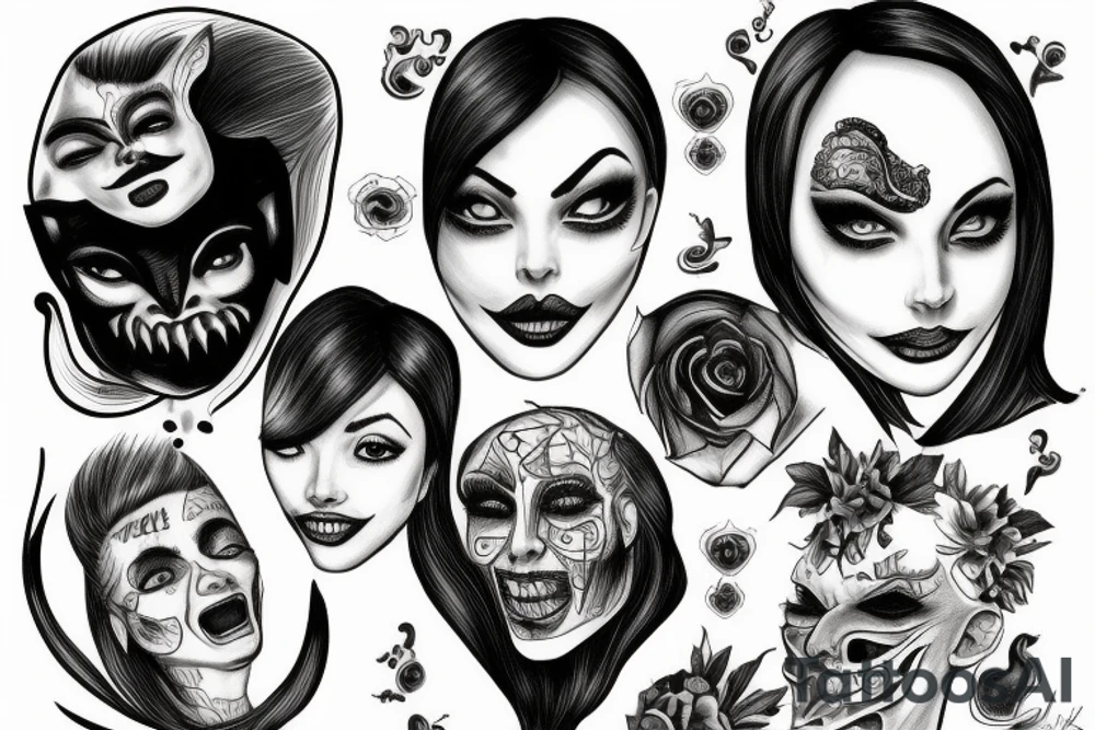 A face that is split in half that represents the duality of personality, one half gentle and kind and the other kinky and maybe a bit devilish tattoo idea