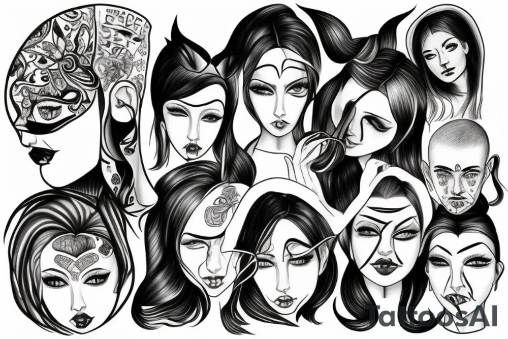 A single face that is split in half that represents the duality of personality, one half gentle and kind and the other kinky tattoo idea