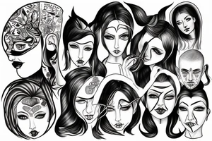 A single face that is split in half that represents the duality of personality, one half gentle and kind and the other kinky tattoo idea