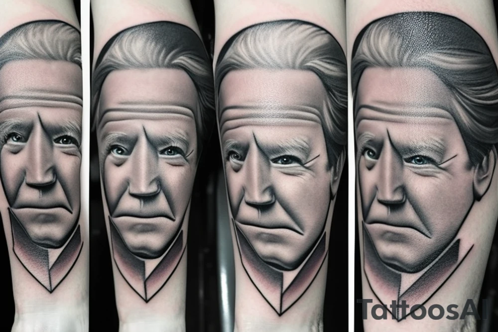 Face that looks like Joe Biden, with realistic shape and cat eyes tattoo idea