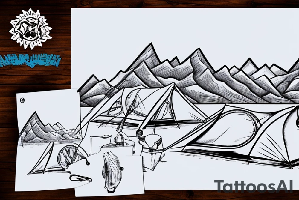 tent next to the river on the background of the mountains tattoo idea