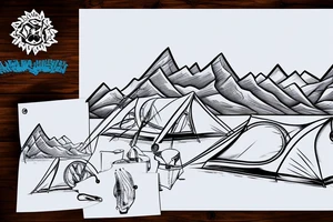 tent next to the river on the background of the mountains tattoo idea
