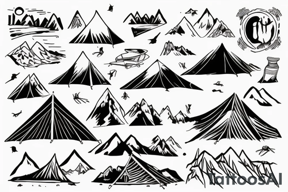 tent next to the river on the background of the mountains tattoo idea