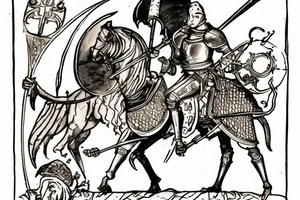 a medieval knight fights death with swords, he has a bottle of wine in his hand, a picture in the style of a tarot card with a caption in french "tout me fait rire" tattoo idea
