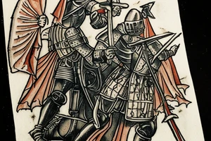 a medieval knight fights death with swords, he has a bottle of wine in his hand, a picture in the style of a tarot card with a caption in french "tout me fait rire" tattoo idea