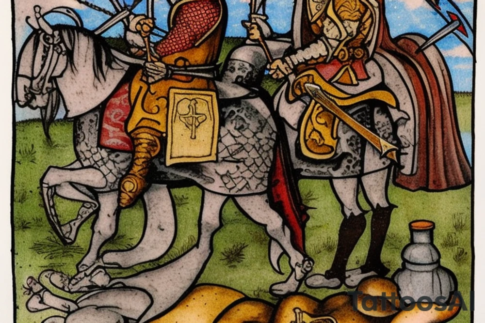 a medieval knight fights death with swords, he has a bottle of wine in his hand, a picture in the style of a tarot card with a caption in french "tout me fait rire" tattoo idea