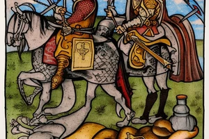 a medieval knight fights death with swords, he has a bottle of wine in his hand, a picture in the style of a tarot card with a caption in french "tout me fait rire" tattoo idea