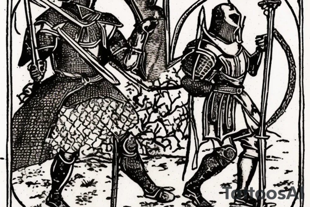 a medieval knight fights death with swords, he has a bottle of wine in his hand, a picture in the style of a tarot card with a caption in french "tout me fait rire" tattoo idea