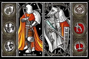 a medieval knight fights death with swords, he has a bottle of wine in his hand, a picture in the style of a tarot card with a caption in french "tout me fait rire" tattoo idea