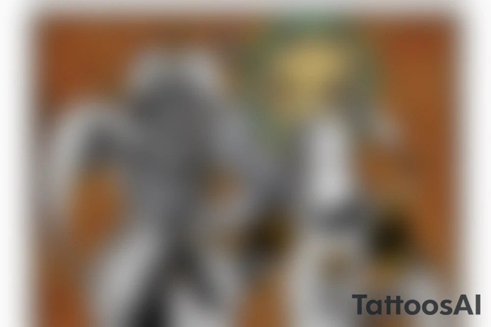 a medieval knight fights death with swords, he has a bottle of wine in his hand, a picture in the style of a tarot card with a caption in french "tout me fait rire" tattoo idea