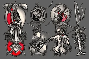 knight fights death with swords, he has a bottle of wine in his hand, a picture in the style of a tarot card with a caption in french "tout me fait rire" tattoo idea