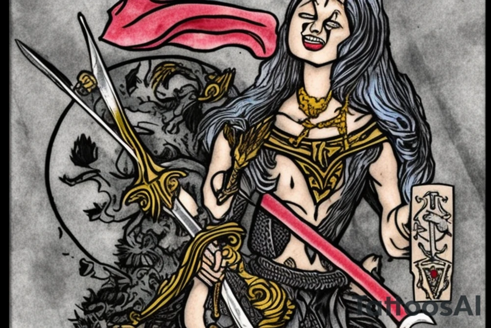 knight fights death with swords, he has a bottle of wine in his hand, a picture in the style of a tarot card with a caption in french "tout me fait rire" tattoo idea