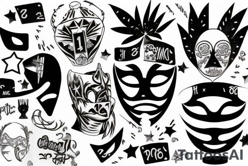 Incognito mask, 23 roman number, 
Details Matter, La Familia, stars, palms tattoo idea