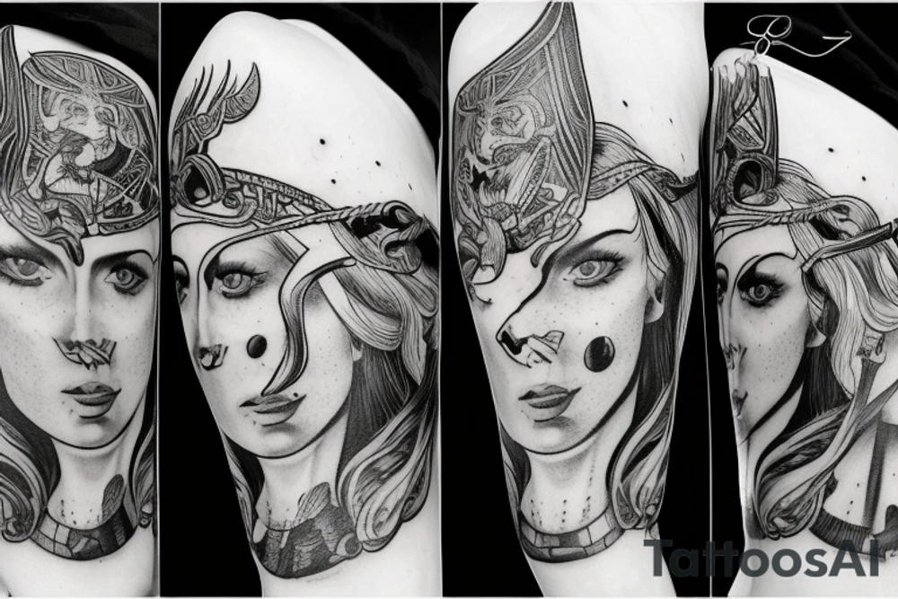 A VALKYRIE WITH THE FACE OF A BEAUTIFUL SEMI-PROFILED WOMAN WITH VIKING WAR PAINTINGS AND SOME VIKING SIGN OR TATTOO tattoo idea