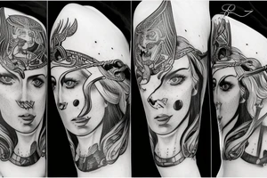 A VALKYRIE WITH THE FACE OF A BEAUTIFUL SEMI-PROFILED WOMAN WITH VIKING WAR PAINTINGS AND SOME VIKING SIGN OR TATTOO tattoo idea
