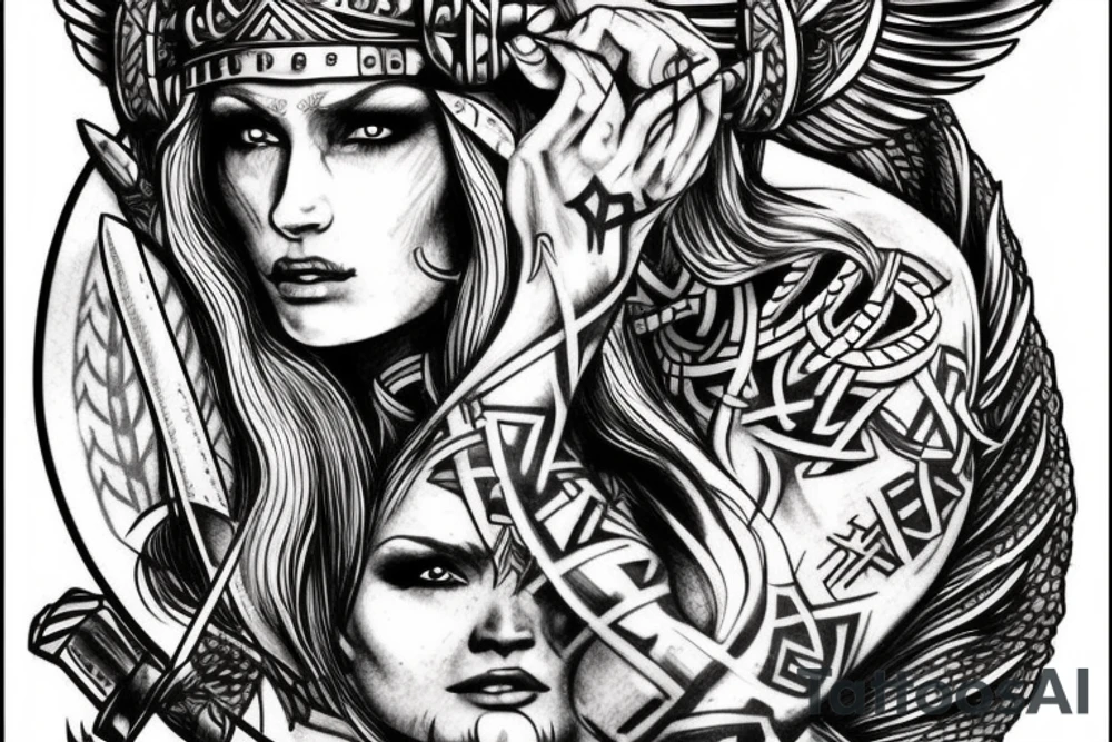 A VALKYRIE WITH THE FACE OF A BEAUTIFUL SEMI-PROFILED WOMAN WITH VIKING WAR PAINTINGS AND SOME VIKING SIGN OR TATTOO tattoo idea