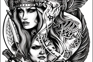 A VALKYRIE WITH THE FACE OF A BEAUTIFUL SEMI-PROFILED WOMAN WITH VIKING WAR PAINTINGS AND SOME VIKING SIGN OR TATTOO tattoo idea