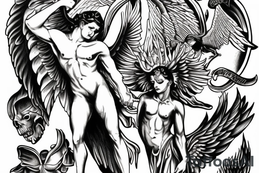 angel and demon in 1 male tattoo idea