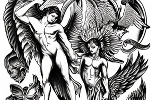 angel and demon in 1 male tattoo idea