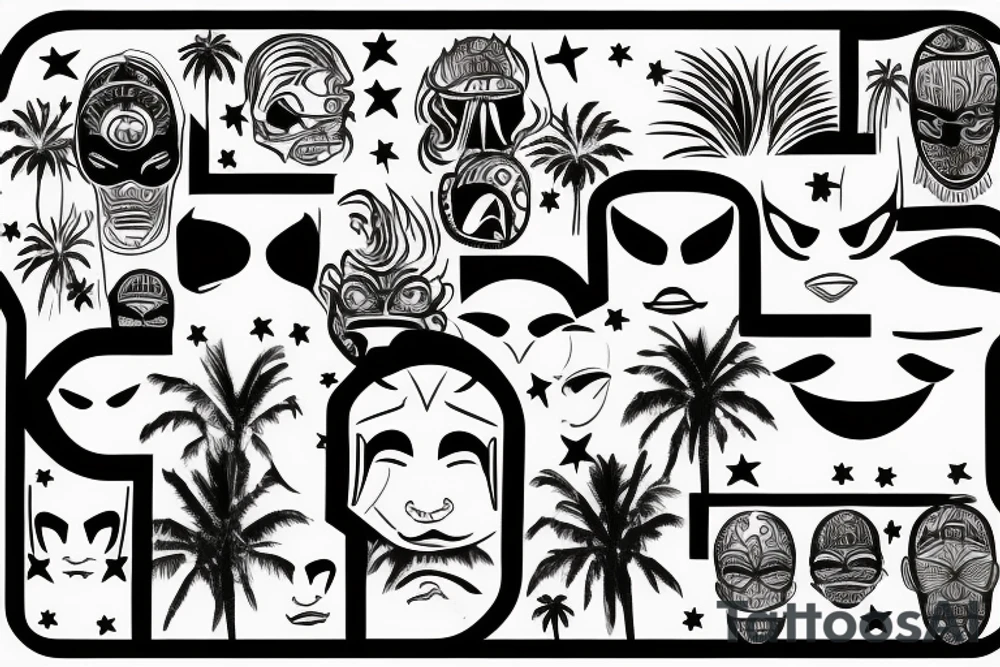 Incognito mask, 23 roman number, 
Writing Details Matter, writing La Familia, stars, palms
 Trees tattoo idea