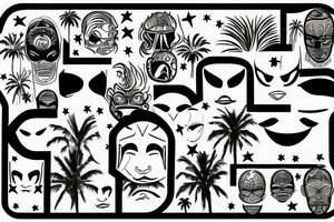 Incognito mask, 23 roman number, 
Writing Details Matter, writing La Familia, stars, palms
 Trees tattoo idea