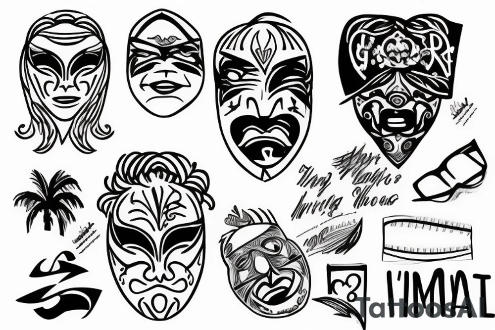 Incognito mask, 23 roman number, 
Writing Details Matter, writing La Familia, stars, palms
 Trees tattoo idea