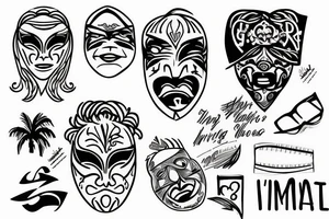 Incognito mask, 23 roman number, 
Writing Details Matter, writing La Familia, stars, palms
 Trees tattoo idea