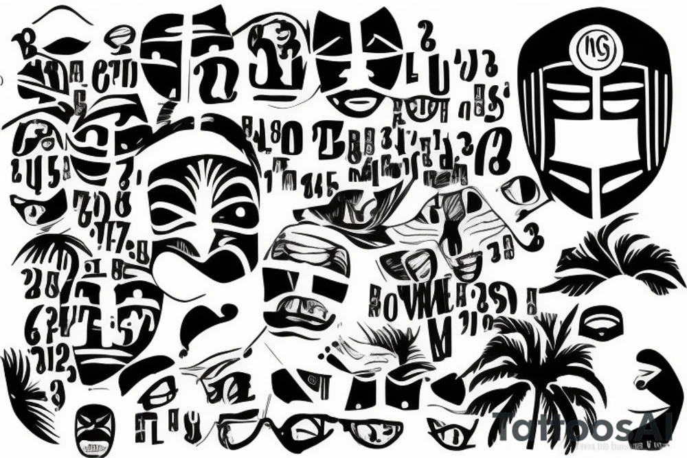 Incognito mask, 23 roman number, 
Writing Details Matter, writing La Familia, stars, palms
 Trees tattoo idea