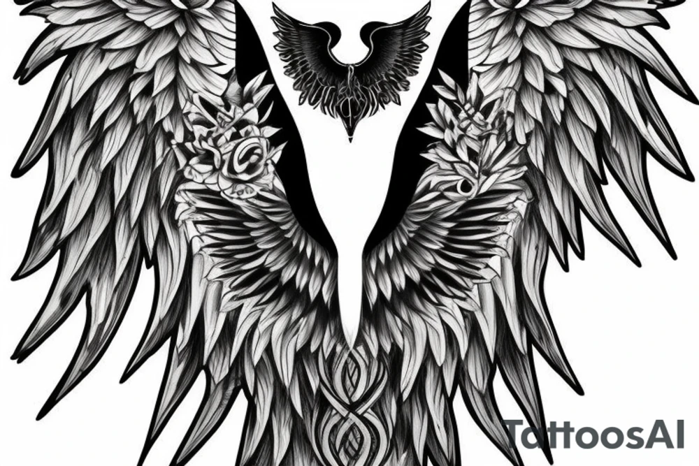 Two big feathered wings with moon sign and gothic style tattoo idea