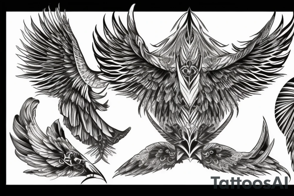 Two big feathered wings with moon sign and gothic style tattoo idea
