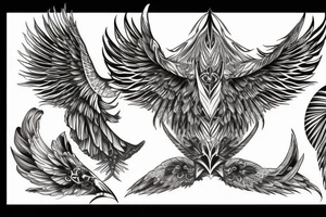 Two big feathered wings with moon sign and gothic style tattoo idea