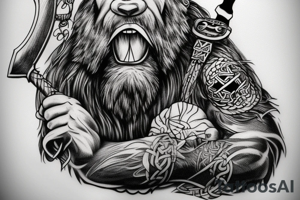 big angry viking bear with axe and beard tattoo idea