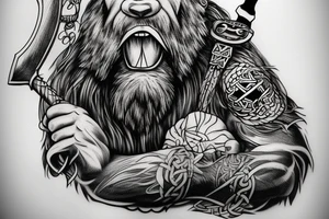 big angry viking bear with axe and beard tattoo idea