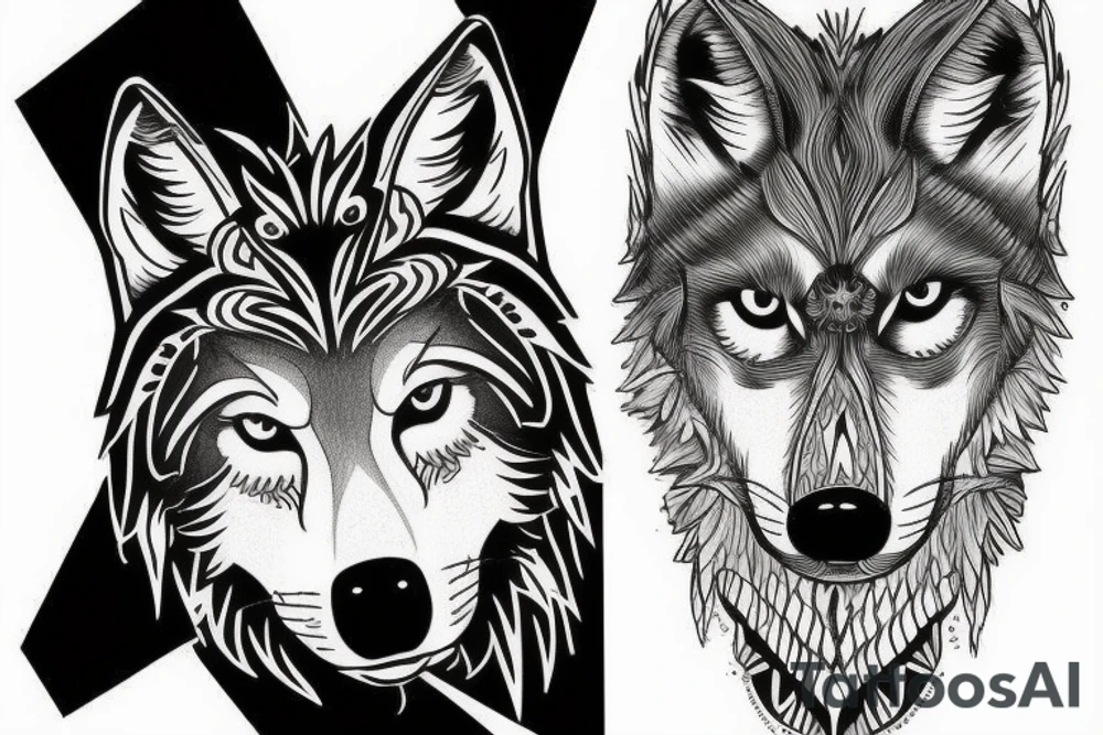 a wolf and a stripper mixed tattoo idea