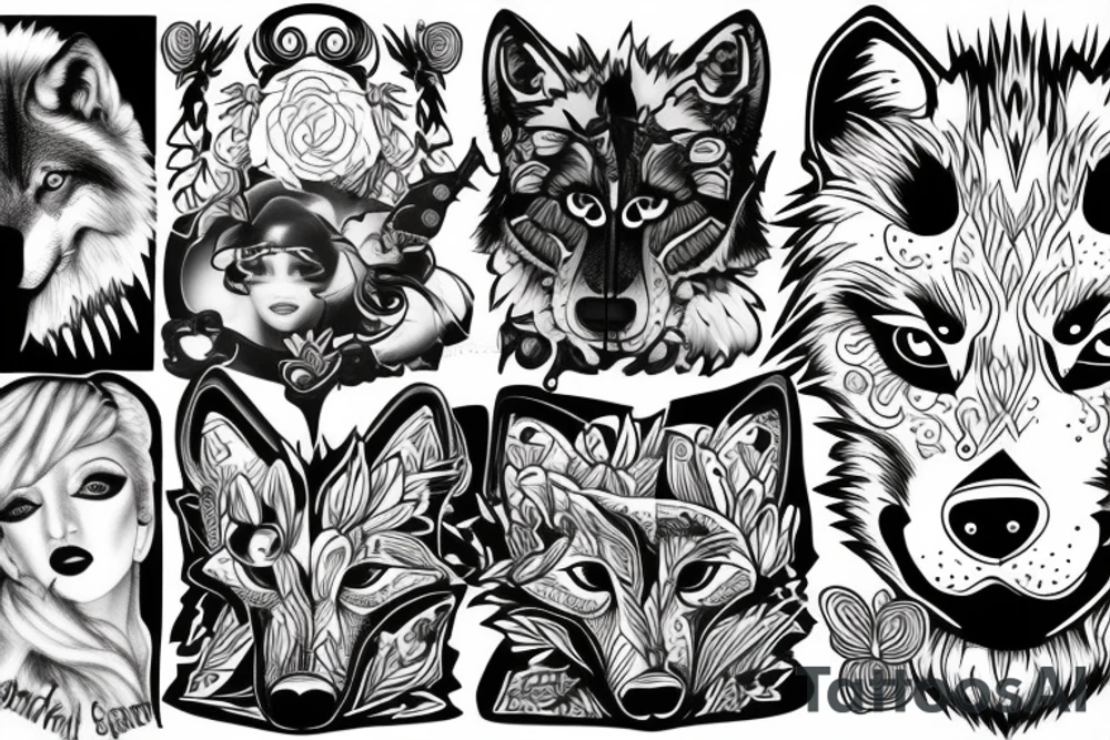 a wolf and a stripper mixed tattoo idea