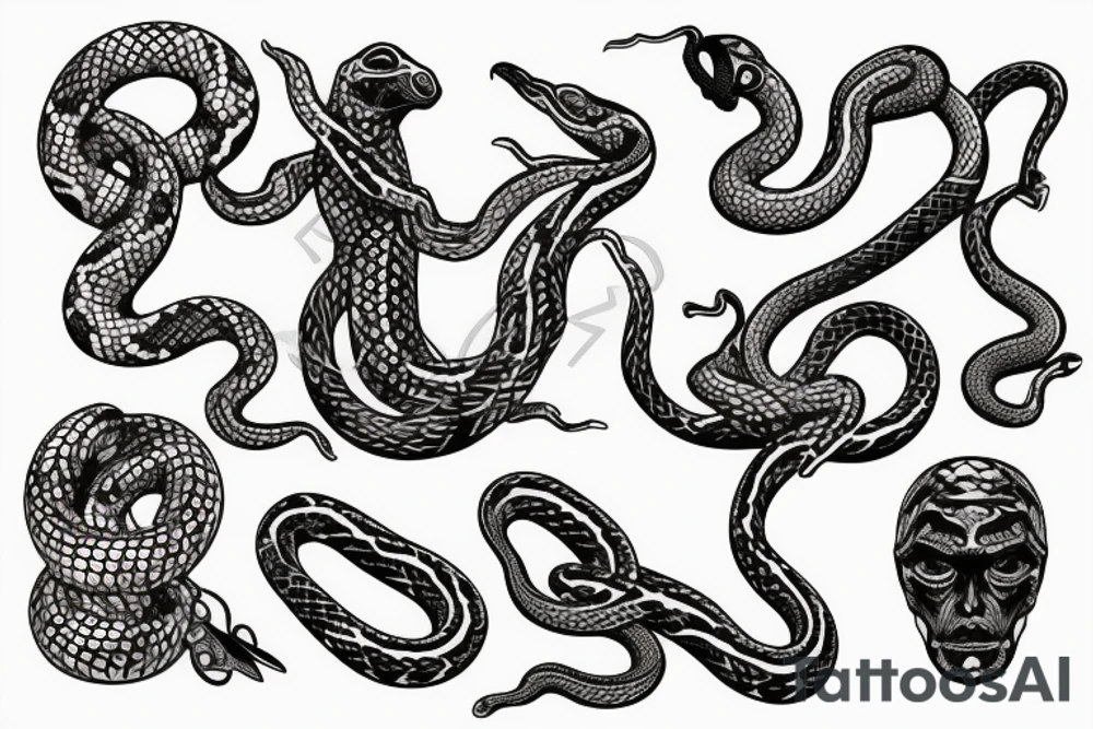 Sculpture with snakes around neck tattoo idea