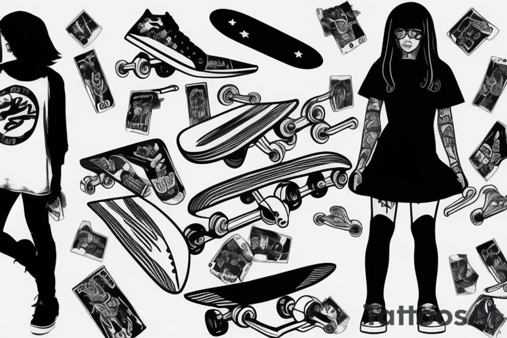 girl with a skateboard, black bob, dressed as a teenager tattoo idea