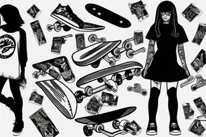 girl with a skateboard, black bob, dressed as a teenager tattoo idea