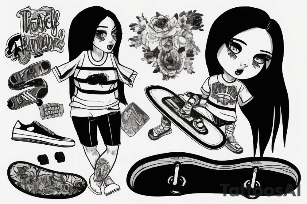 girl with a skateboard, black bob, dressed as a teenager tattoo idea