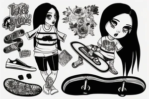 girl with a skateboard, black bob, dressed as a teenager tattoo idea